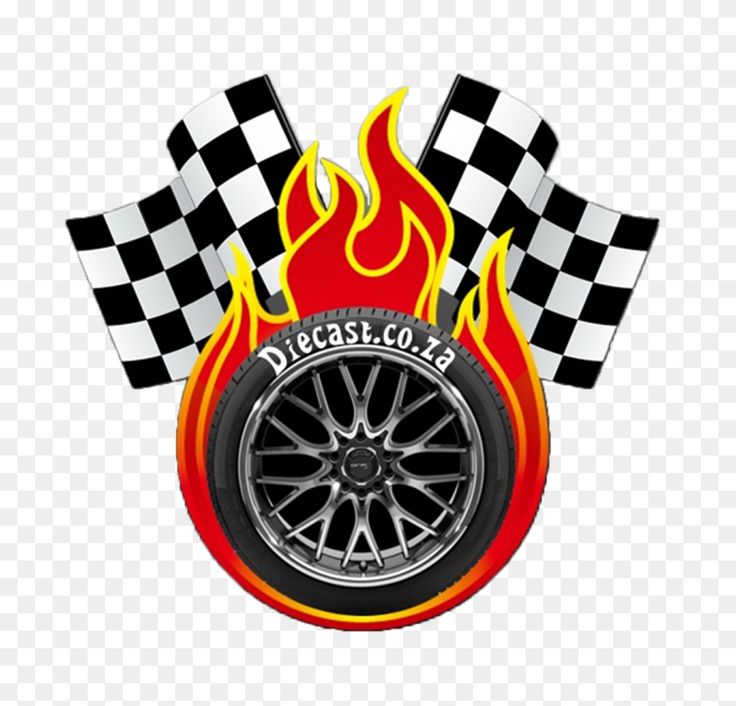 a tire with flames and checkered flags on it, as well as the word decals