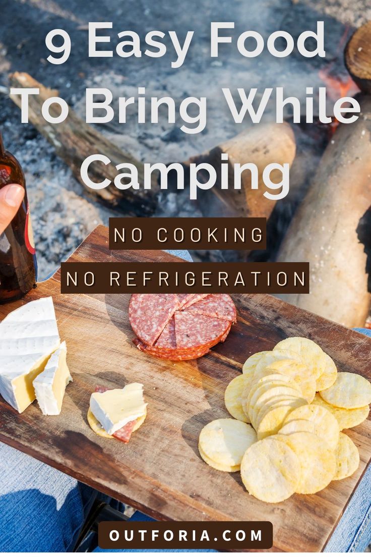 a person sitting in front of a campfire with some food on it and the words, 9 easy food to bring while camping