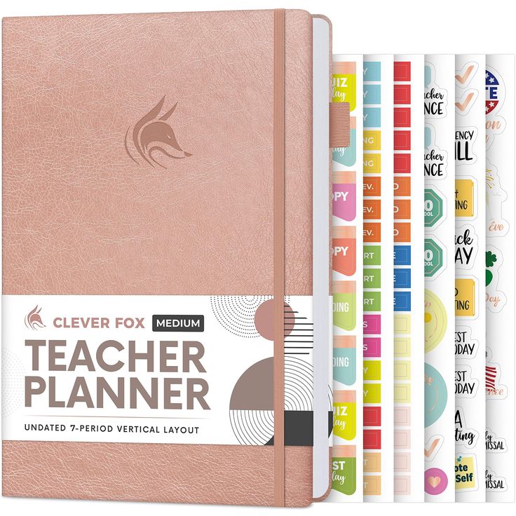 a teacher's planner with six different colored pages in front of it and the title, clever fox