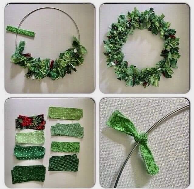 four pictures showing how to make a wreath with green ribbon and flowers on the side