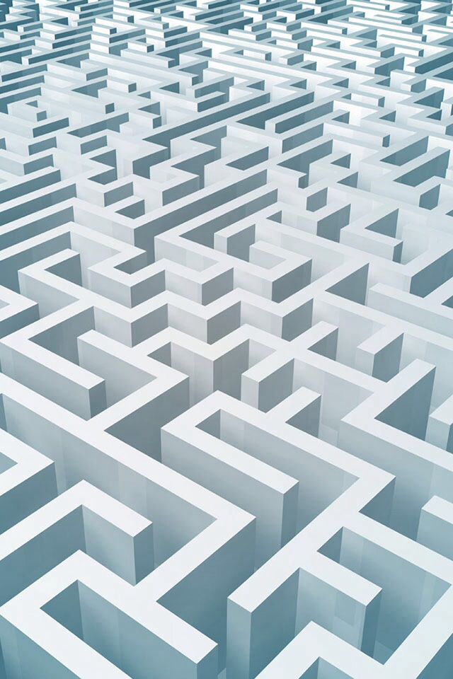 an abstract 3d image of a maze in blue and white colors, with the light shining through it