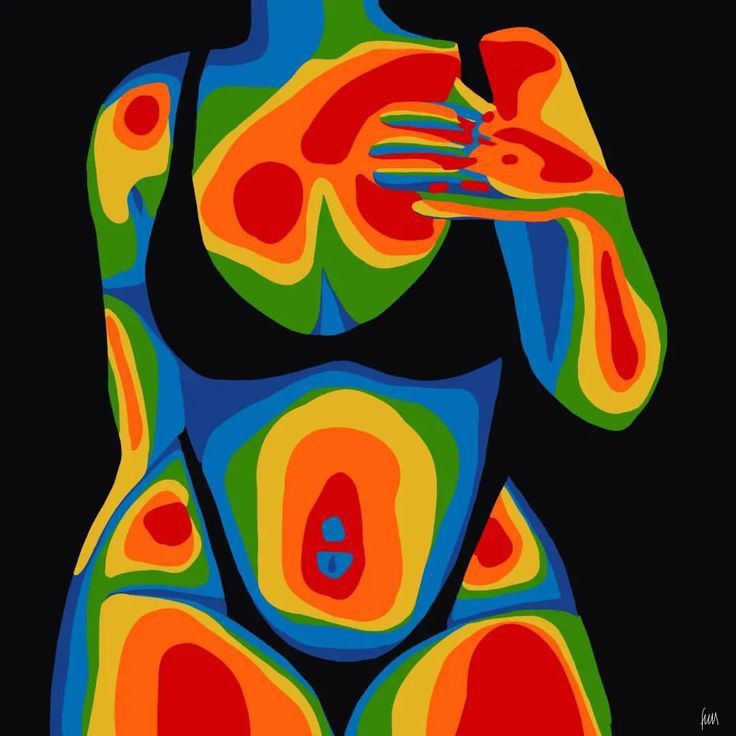 an image of a woman's torso with multiple colors on it and her hand over her face