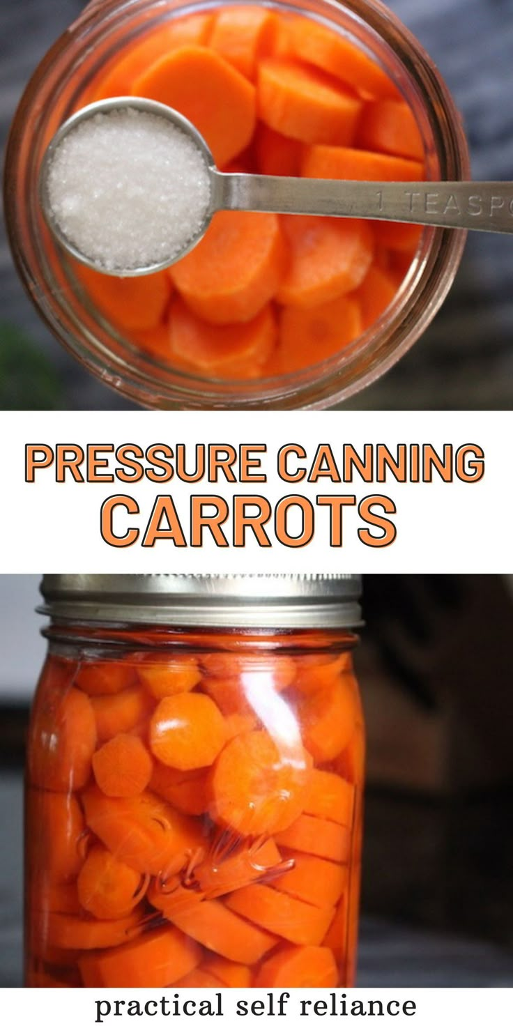 there is a jar full of carrots with the words pressure canning carrots