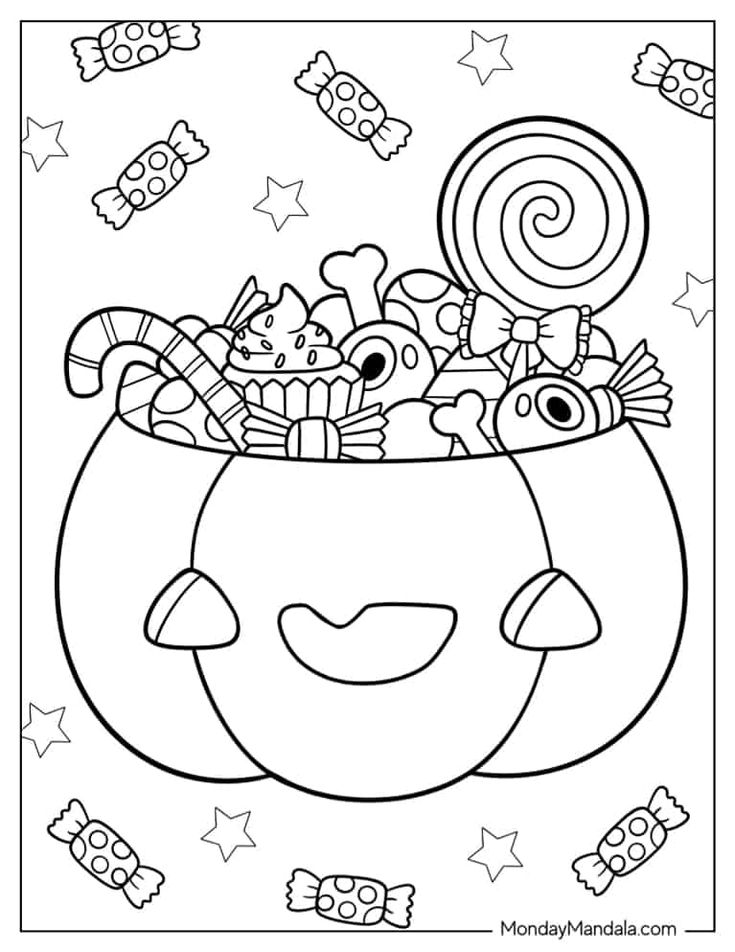 a halloween coloring page with candy and candies in a pumpkin bowl on the ground