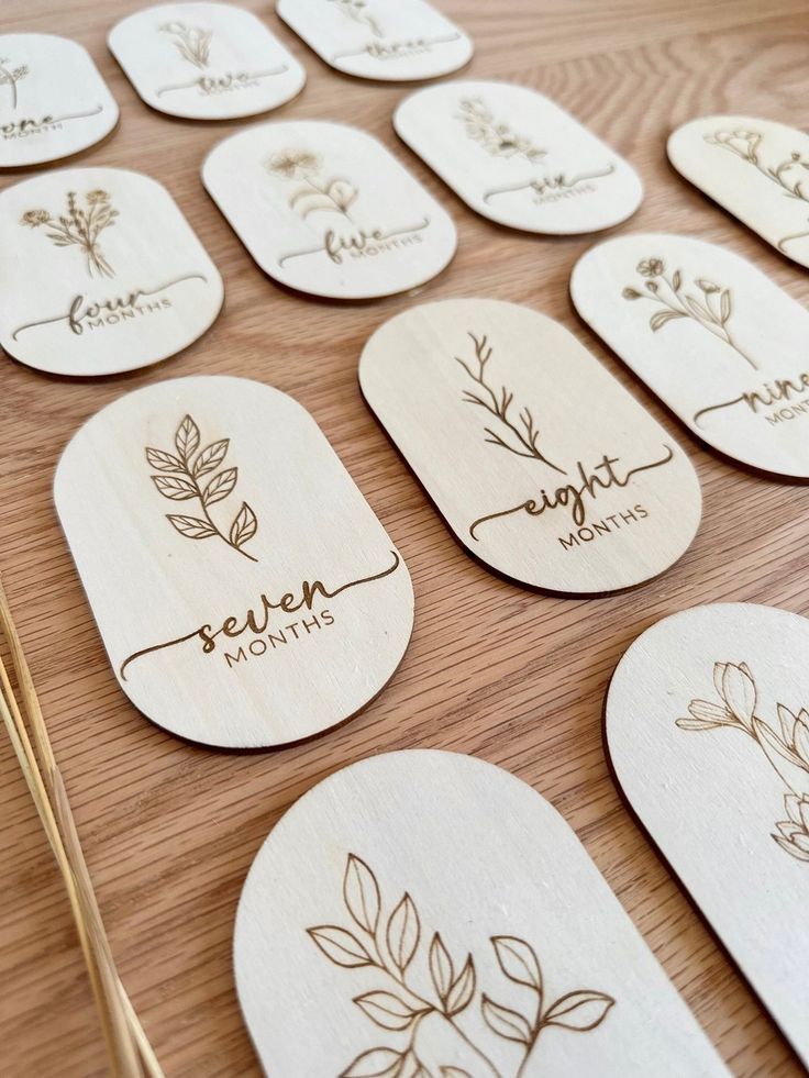 wooden coasters with different types of flowers on them and the names of each one