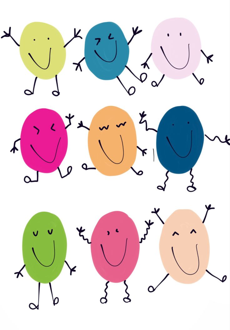 four different colored cartoon faces with arms and legs