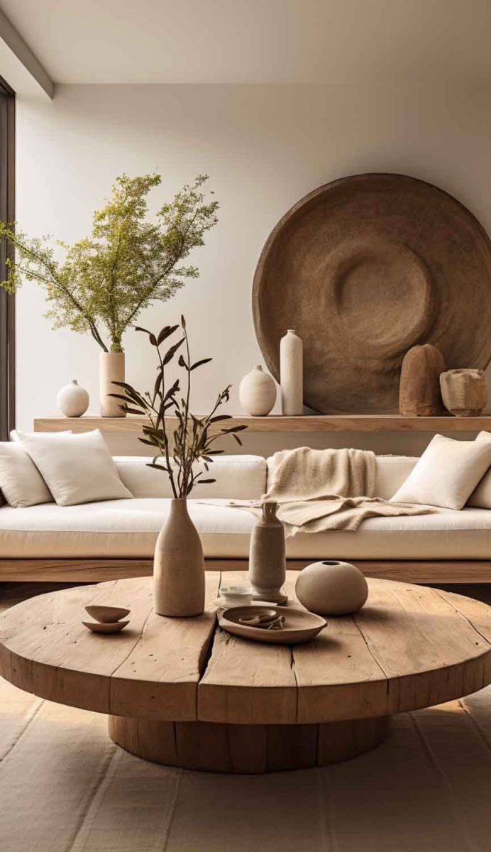 a living room filled with lots of furniture and vases on top of wooden tables