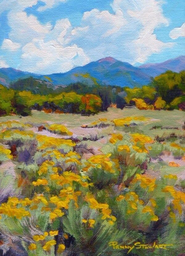 an oil painting of wildflowers and mountains