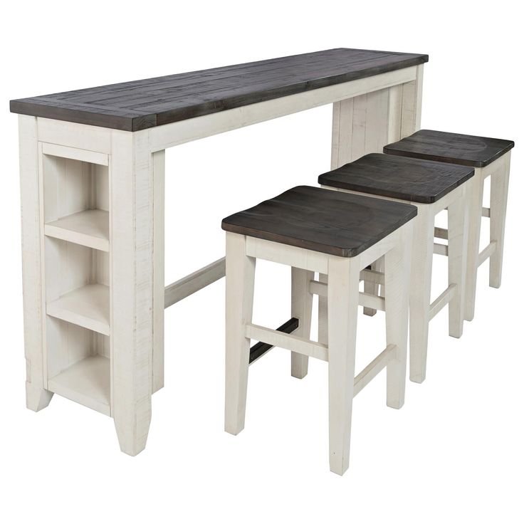 three stools and a table with shelves on each side