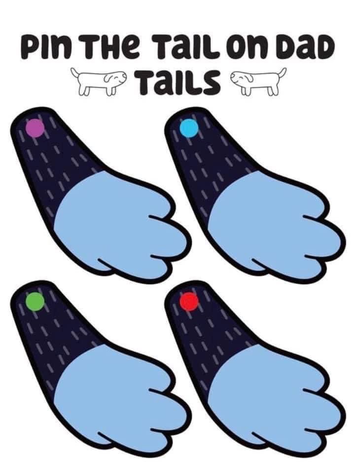 three blue gloves with the words pin the tail on dap tails written below them