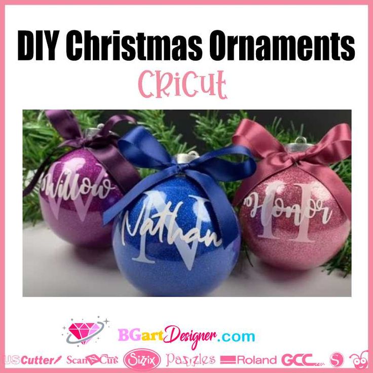 three christmas ornaments with the words diy christmas ornaments cricut in white and pink