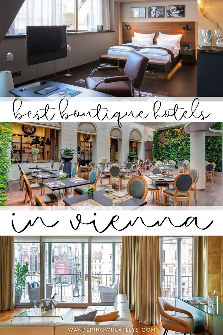 there are two pictures with the words best boutique hotels in vienna, and an image of a living room