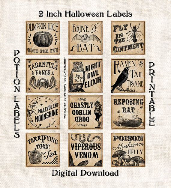 vintage halloween labels with black and white graphics on them, including pumpkins, bats, witches