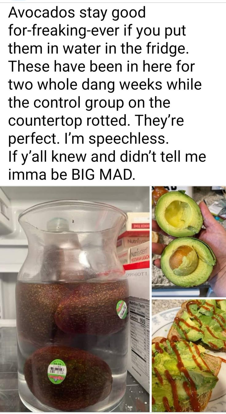 an avocado is sitting in a glass pitcher next to other pictures and words