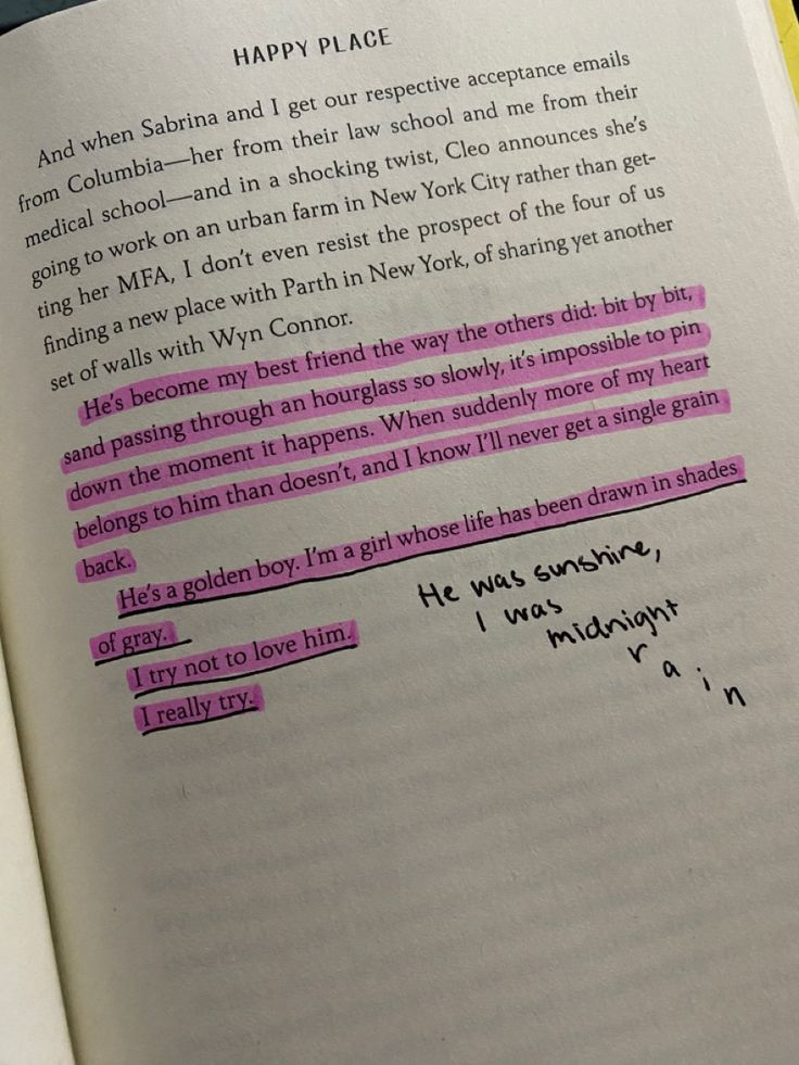 an open book with writing on it and pink marker marks in the page next to each other