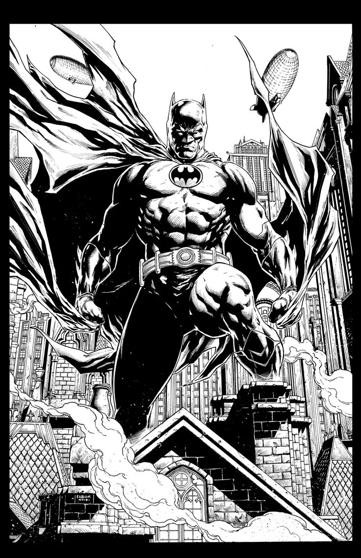 a black and white drawing of a batman flying through the air