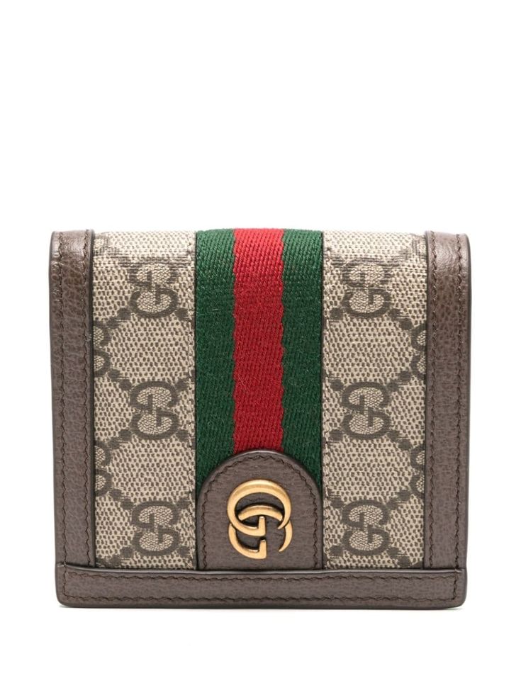 brown/beige GG Supreme canvas leather trim signature Web detailing signature Double G logo two internal note compartments eight internal card slots internal logo stamp bi-fold design contrast lining This piece comes complete with a protective dust bag. Rhombus Design, Gucci Ophidia, Gg Monogram, Gucci Logo, Card Case Wallet, Brown Trim, Buy Gucci, Logo Pattern, Mini Wallet