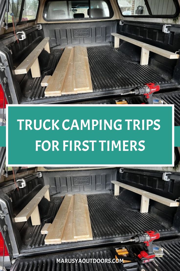 Pickup truck bed equipped with wooden sleeping platform and text overlay "Truck Camping Trips for First Timers" at marusyoutdoors.com Truck Camping Organization, Truck Camping Hacks, Camping In Truck Bed, Truck Tent Camping Ideas, Suv Camping Ideas, Truck Camping Ideas, Truck Camping Setup, Truck Canopy Camping, Truck Topper Camping