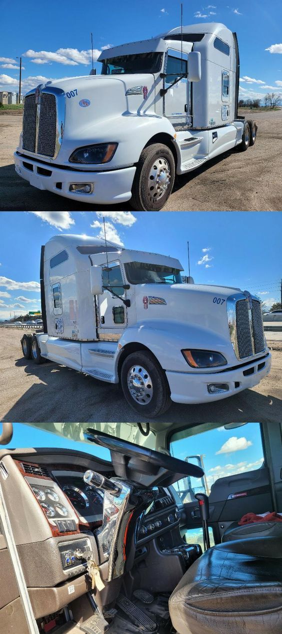 three different pictures of the front and side of a semi - truck with its doors open