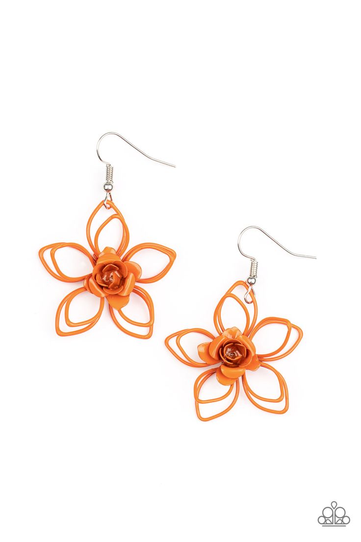 A dainty orange rosebud blooms from the center of a layered orange wire flower, creating a colorful floral frame. Earring attaches to a standard fishhook fitting.

 Sold as one pair of earrings. Paparazzi Accessories Jewelry, Fishhook Earrings, Orange Box, Wire Flowers, Orange Earrings, Floral Frame, Fish Hook Earrings, Paparazzi Accessories, Paparazzi Jewelry