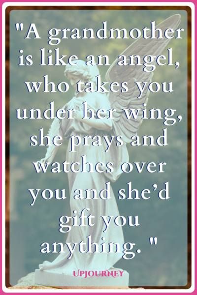 an angel statue sitting on top of a white pedestal next to a pink frame with the words,'a grandmother is like an angel who takes you under her wings, she prays and watches over