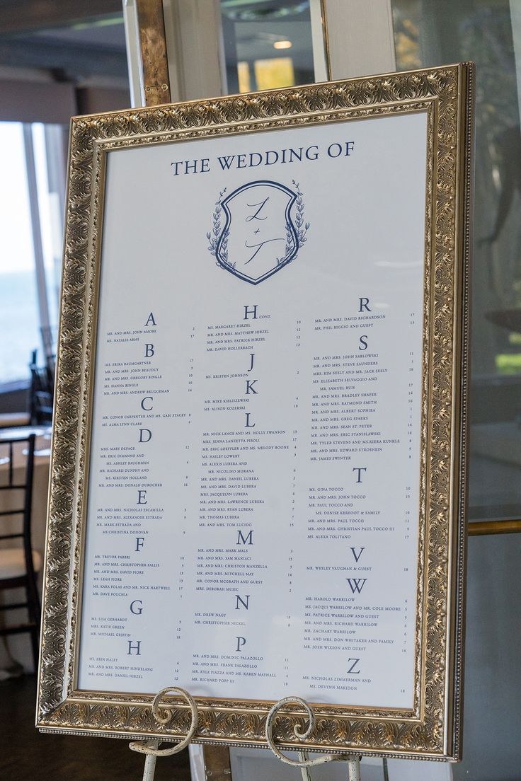 a wedding seating chart is displayed in front of a large framed sign that says the wedding of