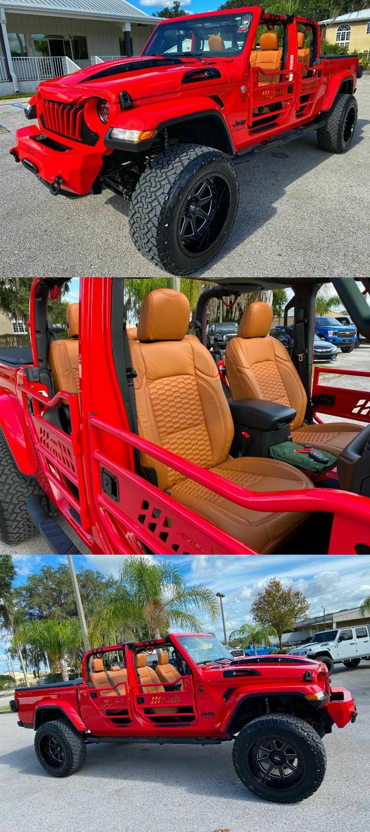 the red jeep is parked on the side of the road in front of other cars