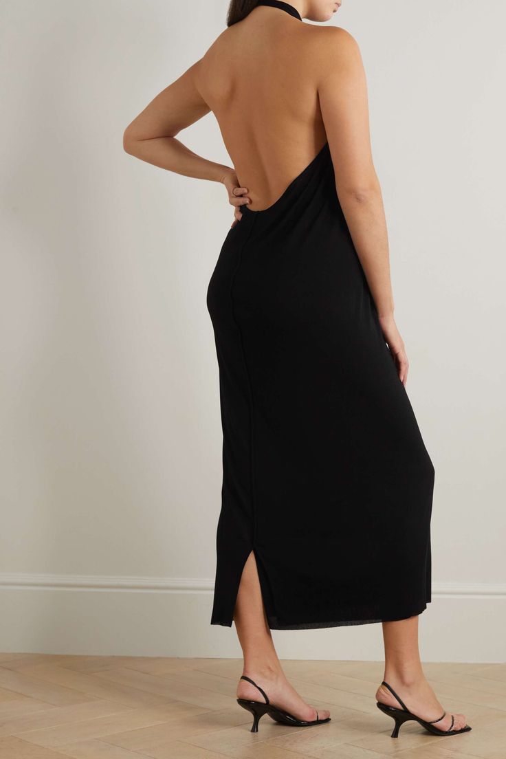 Sleek Elastane Midi Dress For Date Night, Sleek Backless Maxi Dress, Chic Backless Maxi Dress With Flattering Silhouette, Sleek High-neck Maxi Dress For Night Out, Sleek High Neck Maxi Dress For Night Out, Stretch Maxi Dress With Back Opening, Sleek Midi Dress With Back Opening For Date Night, Stretch Backless Midi Dress With Back Opening, Black Backless Elastane Maxi Dress