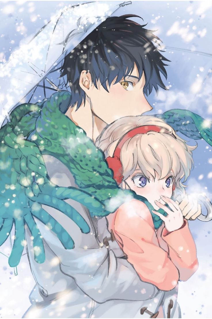 two anime characters hugging under an umbrella in the snow