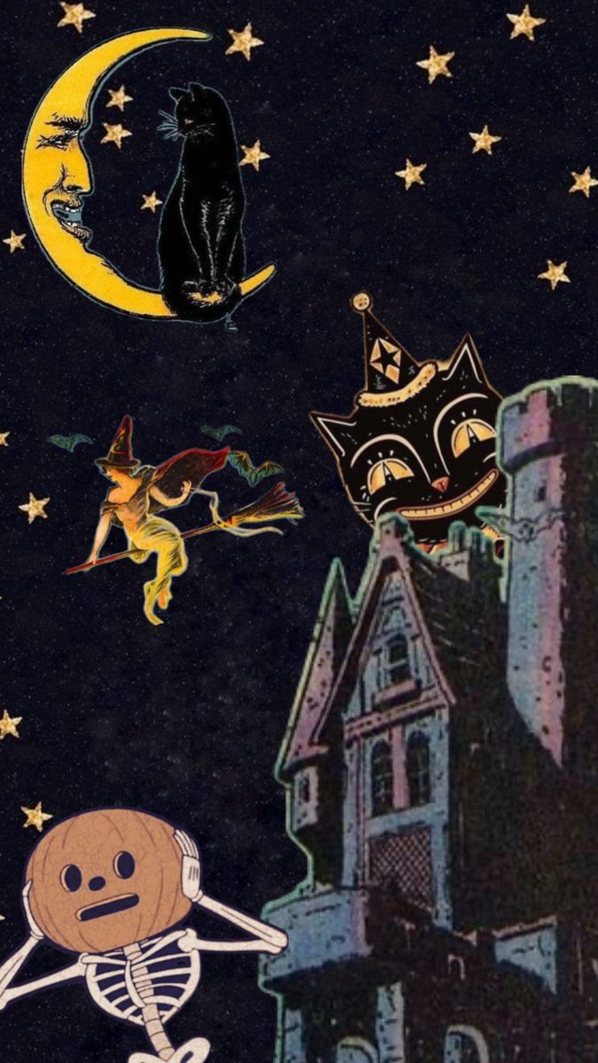 an image of halloween scene with cats and pumpkins in the sky above a house