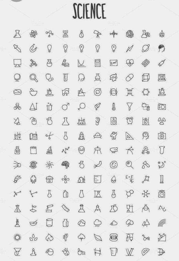 the 25 science icons are shown in black and white, with one line drawn on it