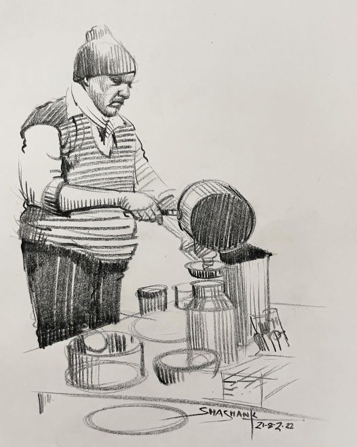 a drawing of a man cooking something on a stove