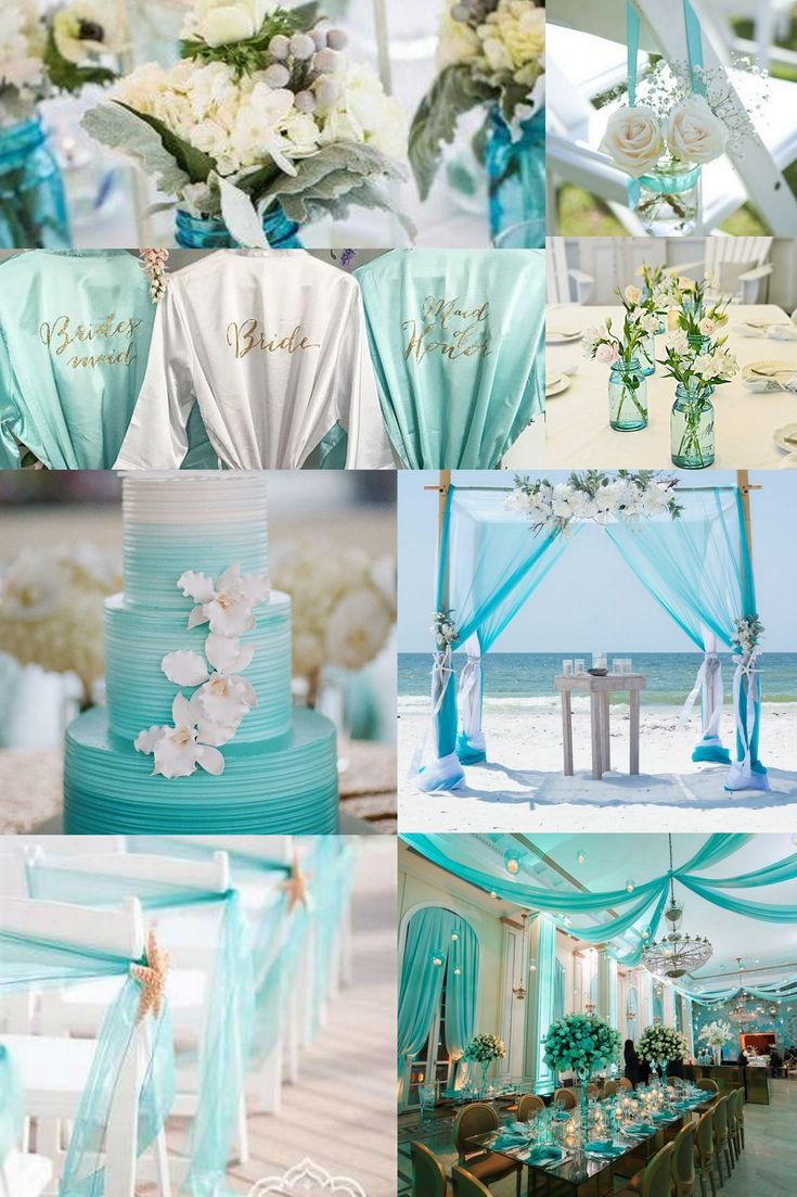 a collage of pictures with blue and white decor on the tables, chairs, and table cloths