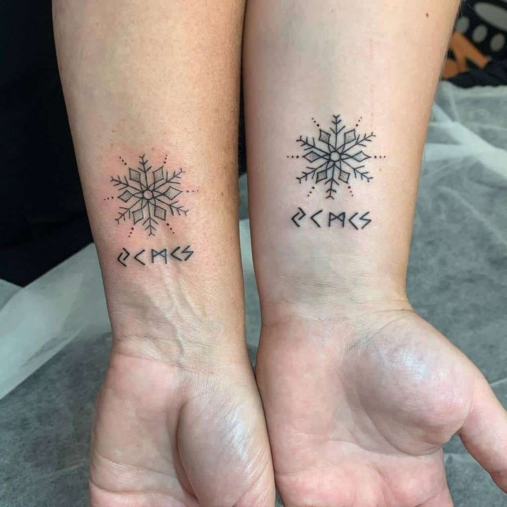 two people with matching tattoos on their arms