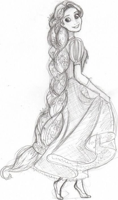 a pencil drawing of a princess with long hair