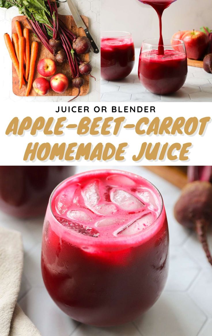 an apple - beet - carrot homemade juice is served in glasses and garnished with fresh fruit