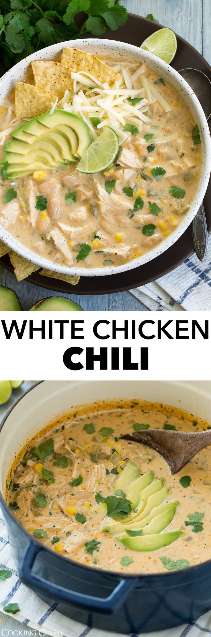 white chicken chili with avocado and cilantro in a blue casserole dish