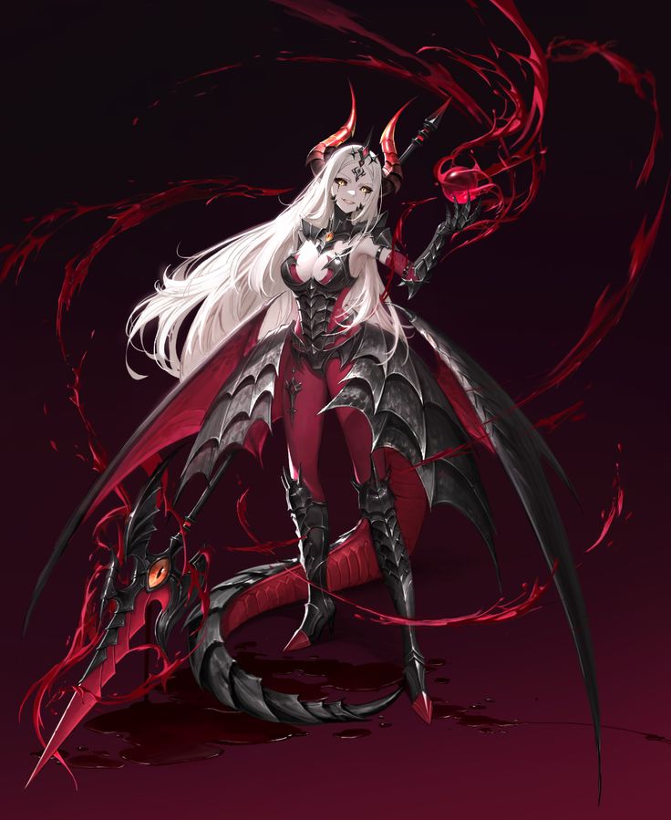 a woman with long white hair and red eyes is standing next to a demonic dragon