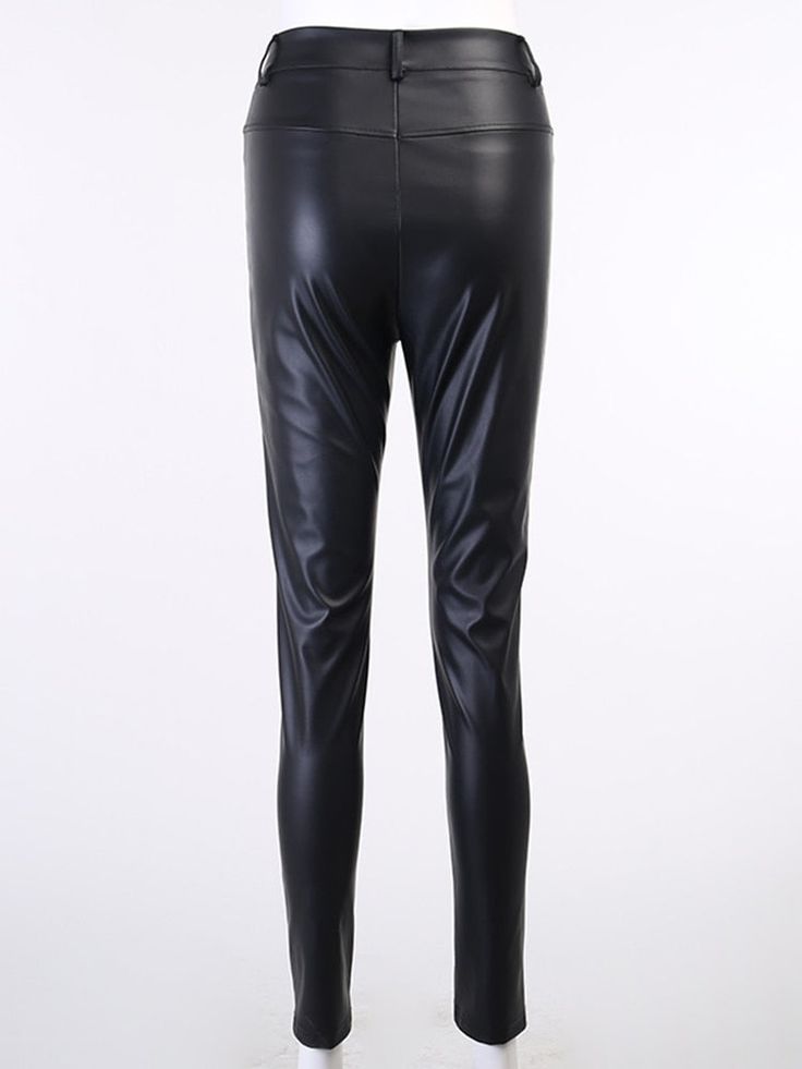 These Malaya Pants are made of quality vegan leather and feature a high-waisted skinny design and slits at the cuff. Pair them with a classic bodysuit and high heels for a night out! Fitted High-waist Faux Leather Pants, Fitted High Waist Polyurethane Leather Pants, Sleek High Waist Leggings, High Stretch Trendy Leather Pants, Sleek Leather Pants For Clubbing, Chic Polyurethane Leather Pants For Winter, Sleek Leather Pants For Going Out, Chic Winter Leather Pants, High Waist Polyurethane Leggings For Work