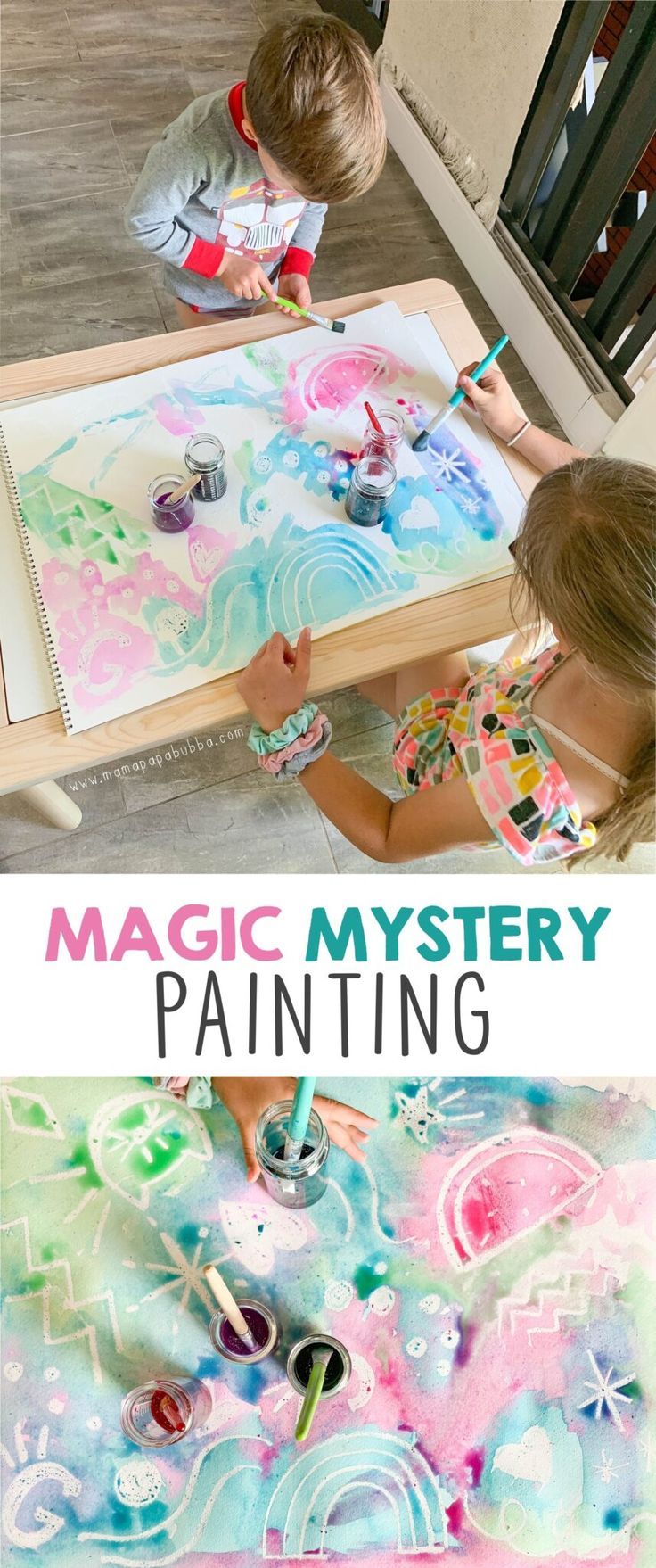 two children are painting with watercolors on a table and the text, magic mystery painting