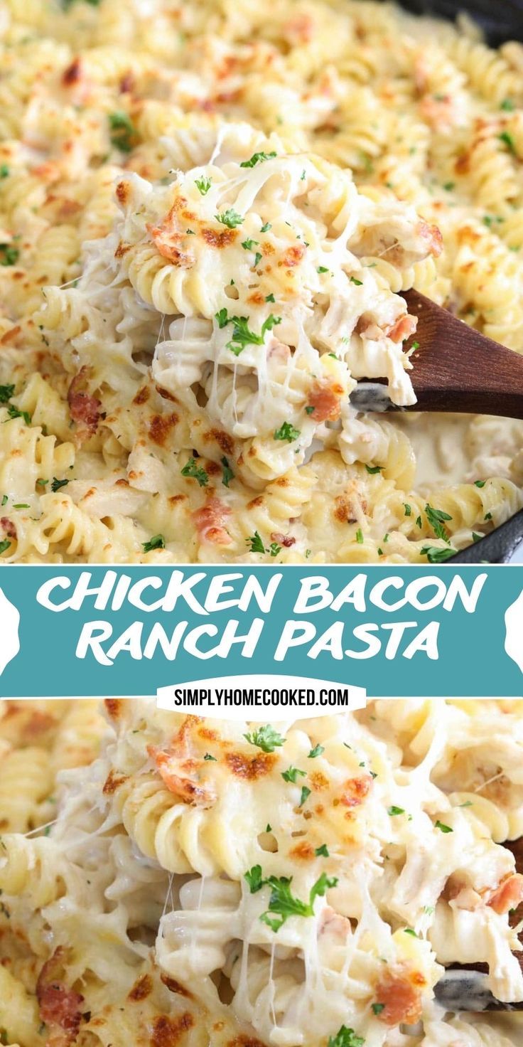 chicken bacon ranch pasta in a cast iron skillet