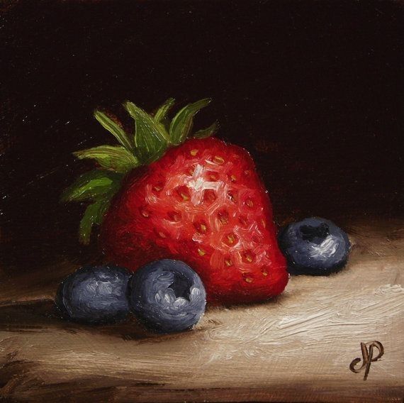 a painting of strawberries and blueberries on a table