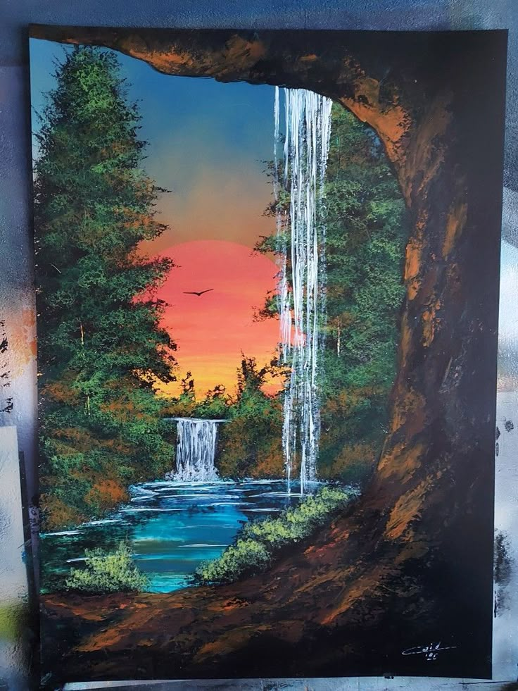 a painting of a waterfall in the woods