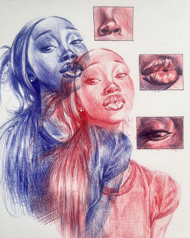 a drawing of two women's faces with different colored pencils