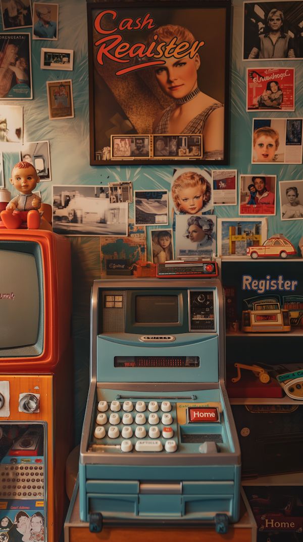 an old fashioned computer sitting on top of a wooden table next to a wall covered with pictures