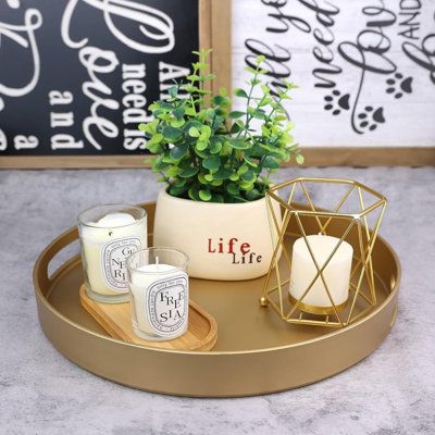 a tray with candles and a potted plant on it