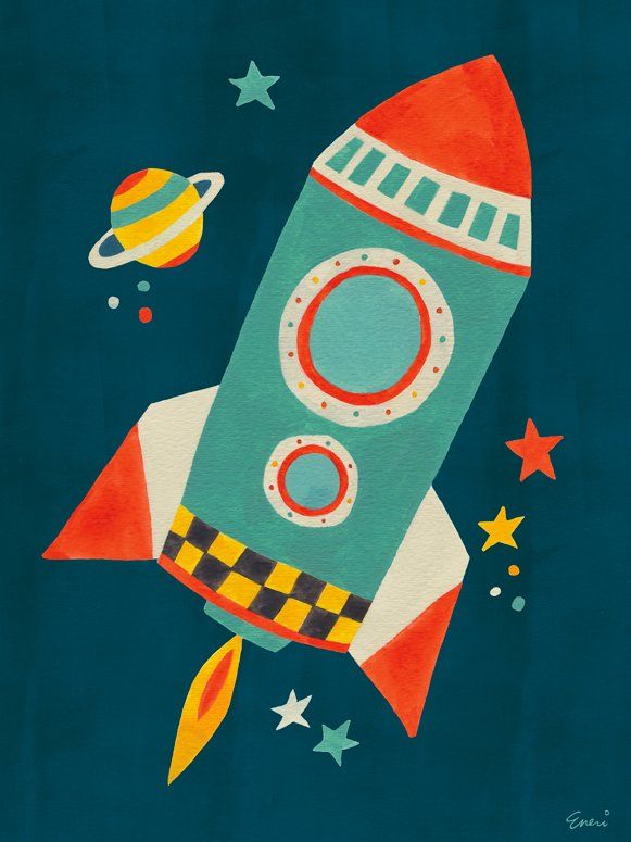 a painting of a rocket with stars around it