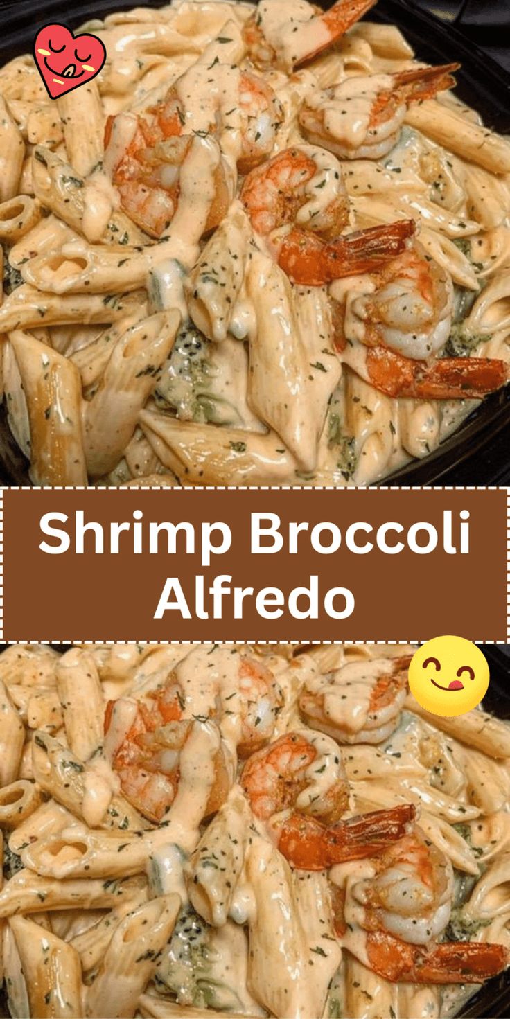 shrimp broccoli alfredo in a skillet with the words shrimp broccoli alfredo