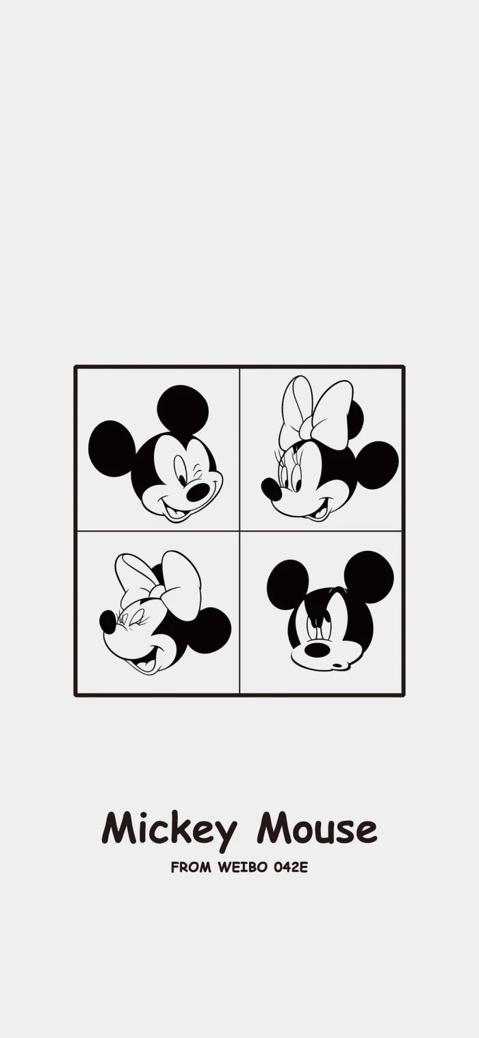 the mickey mouse logo is shown in black and white, with four squares above it