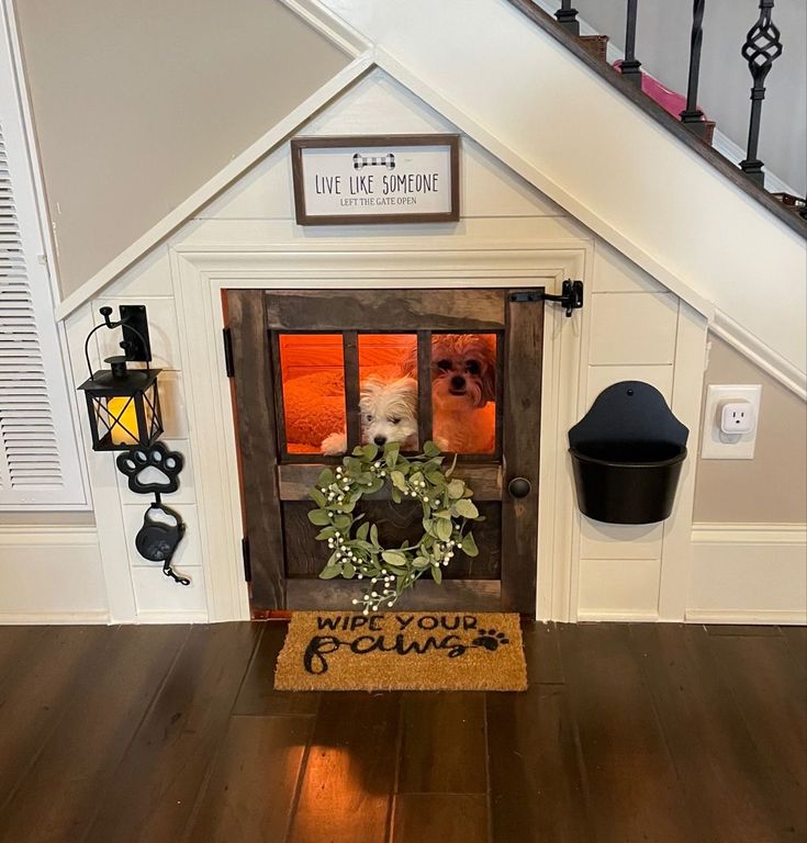 a dog is sitting in the front door of a house with a wreath on it